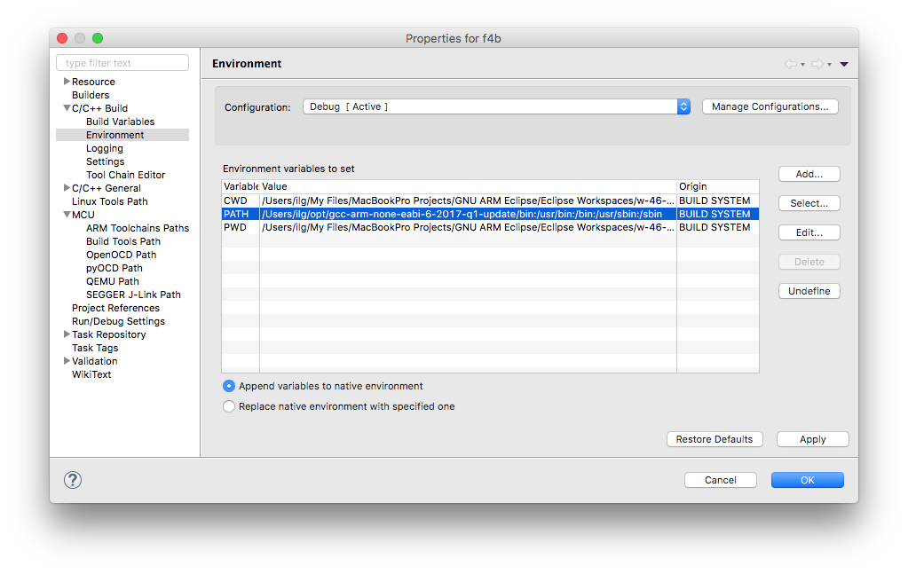 setting environment variable for eclipse mac